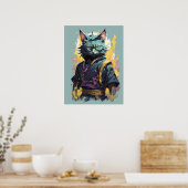 Cool Fire Splash Grijze Ninja Kat Krijger Poster (Keuken)
