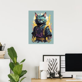 Cool Fire Splash Grijze Ninja Kat Krijger Poster