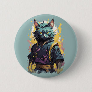 Cool Fire Splash Grijze Ninja Kat Krijger Ronde Button 5,7 Cm