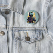 Cool Fire Splash Grijze Ninja Kat Krijger Ronde Button 5,7 Cm (In situ)
