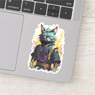 Cool Fire Splash Grijze Ninja Kat Krijger Sticker