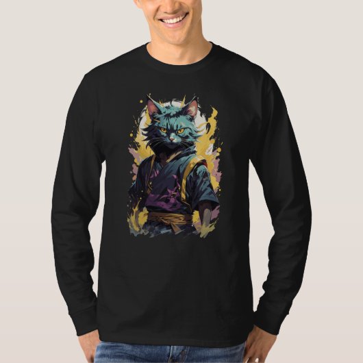Cool Fire Splash Grijze Ninja Kat Krijger T-shirt (Voorkant)