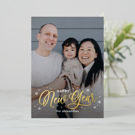 Cool Flakes Folie Happy New Year fotokaart Folie Feestdagenkaart (Staand Voorkant)