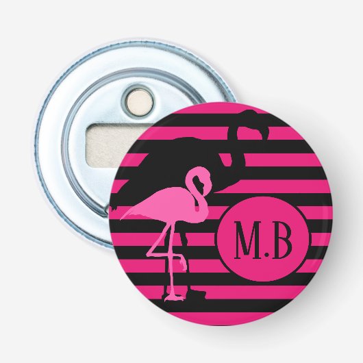 Cool Flamingo Zwart en Roze Strepen Monogram Button Flesopener (Voorkant)