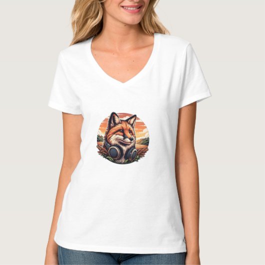 Cool Fox met hoofdtelefoon in een tarweveld T-shirt (Voorkant)