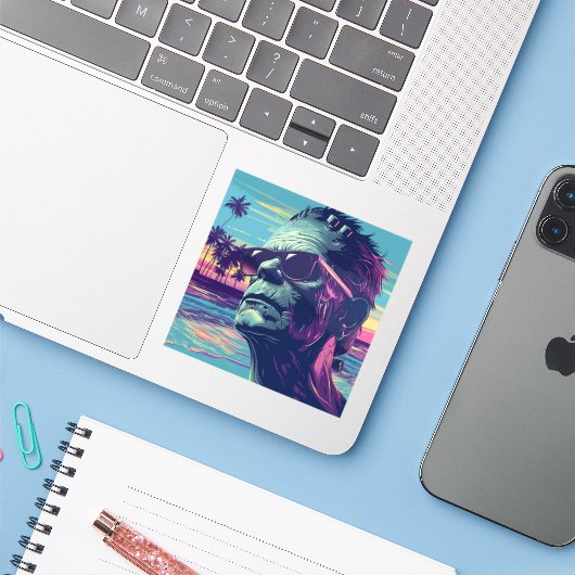 Cool Frankenstein Retro Zonsondergang Halloween Sticker (Laptop met iPhone)
