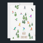 Cool Freeride Snowboarders Merry Kerstry Kaart<br><div class="desc">Koel-witte illustratiekunst met kleurrijke sneeuwboarders,  sneeuwboarden in bergen onder pijnbomen,  sparren,  vette bomen op vers sneeuwpoeder. Snowboard en xmas buitensport in een winterbos. Snowboarder giften. Snowboardkerstdecor.</div>