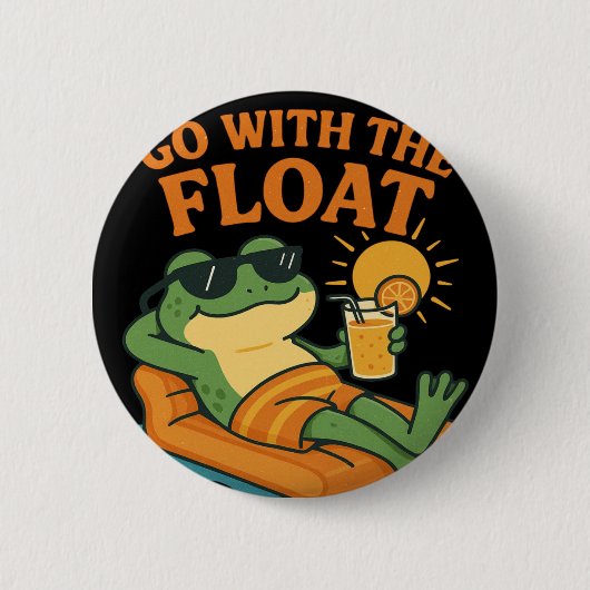 Cool Frog Relaxing on Float with Drink Ronde Button 5,7 Cm (Voorkant)