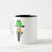 Cool Frog Riding A Motorcycle Cartoon Tweekleurige Koffiemok (Voorkant links)