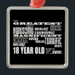 Cool Fun 18th Birthday Party Greatest 18 Year Old Metalen Ornament<br><div class="desc">'De meest geweldige fantastische fantastische fantastische geweldige geweldige geweldige geweldige geweldige geweldige geweldige, geweldige, geweldige achttienjarige ter wereld ... .ever!" is een cool modern geschenk voor leuke achttienjarigen : voorgesteld in een combinatie van altijd modieus zwart en klassiek, stijlvol wit in een stedenrots en rolattitute van lettertypen en meer lettertypen....</div>