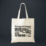 Cool Fun 18th Birthday Party Greatest 18 Year Old Tote Bag<br><div class="desc">'De meest geweldige fantastische fantastische fantastische geweldige geweldige geweldige geweldige geweldige geweldige geweldige, geweldige, geweldige achttienjarige ter wereld ... .ever!" is een cool modern geschenk voor leuke achttienjarigen : voorgesteld in een combinatie van altijd modieus zwart en klassiek, stijlvol wit in een stedenrots en rolattitute van lettertypen en meer lettertypen....</div>