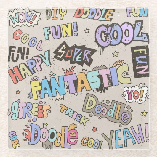 Cool Fun Doodle Lettering  Glazen Onderzetter (Voorkant)