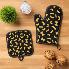 Cool fun pasta macaroni patroon op zwart ovenwant & pannenlap set