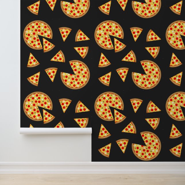 Cool fun pepperoni pizza en plakjes patroon grijs behang (Applicatie)