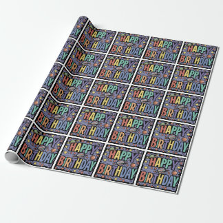 Cool Fun Planets en Stars Happy Birthday Abstract Cadeaupapier