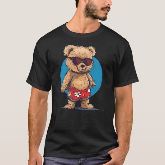 Cool Fun Teddy Bear in swimming trunks and Sunglas T-shirt (Voorkant)