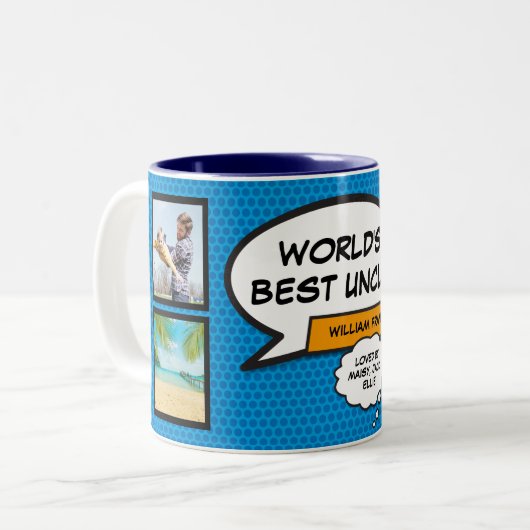 Cool Fun Uncle Modern Comic Book Blauw Foto Tweekleurige Koffiemok (Voorkant links)