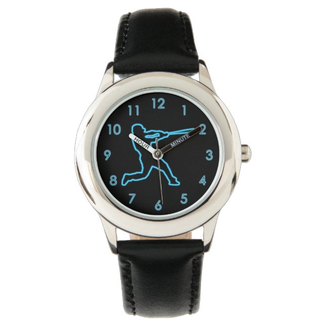Cool Fun Uniek Neon Blauw Baseball Batter Horloge (Voorkant)