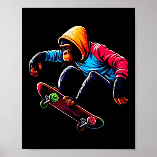 Cool Funky Bonobo Monkey Skateboarding Illustratio Poster (Voorkant)