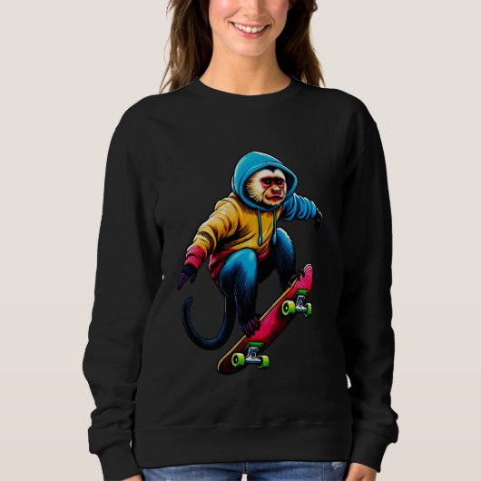 Cool Funky Capuchin Monkey Skateboarding Illustrat Trui (Voorkant)