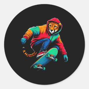 Cool Funky Luipaard Skateboarding Illustratie Kuns Ronde Sticker