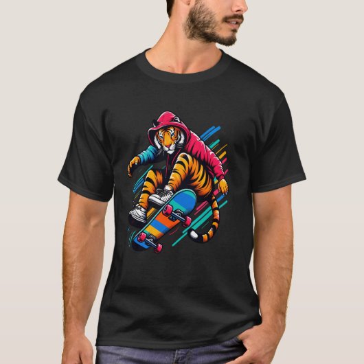 Cool Funky Tiger Skateboarden Illustratie Kunst T-shirt (Voorkant)