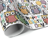 Cool Funny Owl Happy Birthday Abstract Cadeaupapier (Rol Hoek)