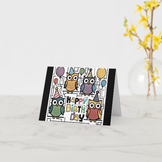 Cool Funny Owl Happy Birthday Abstract Kaart (Gele Bloem)