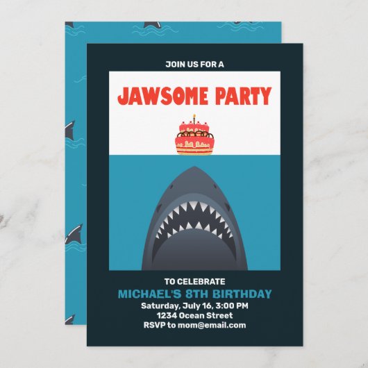 Cool Funny Shark Birthday Invitation Kaart (Voorkant / Achterkant)