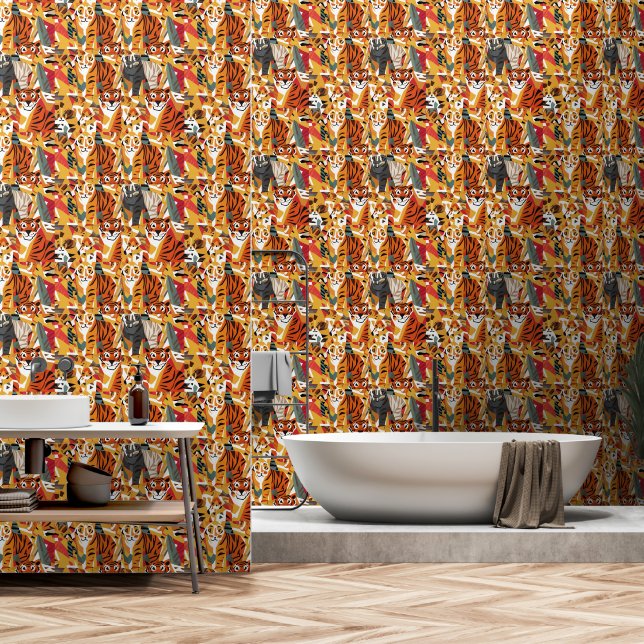 Cool Funny Tiger Oerwoud Cats Abstracte kunst Behang (Badkamer)