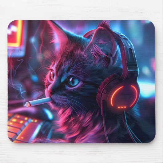 Cool Gamer Cat Smoking Funny Muismat (Voorkant)
