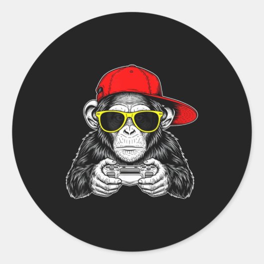 Cool Gamer Monkey With Controller Funny Gaming Vid Ronde Sticker (Voorkant)