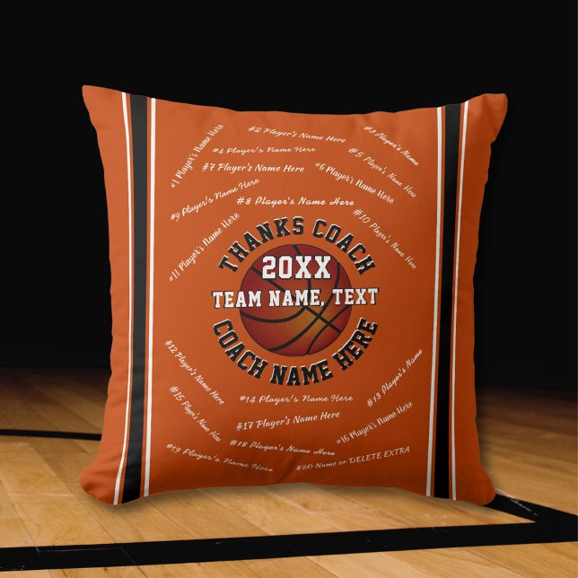 Cool Gifts voor Basketbal Coaches in Uw KLEUREN Kussen (Basketball Pillow for Coaches. Personalised Basketball Coach Gifts. Orange, White and Black. )