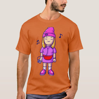 Cool Girl Listening Music with Earphone Cartoon T-shirt