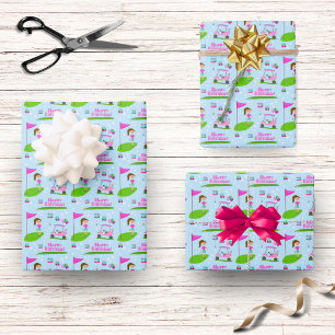Cool Girl's Golfing Thema Verjaardagsfeest Inpakpapier Vel