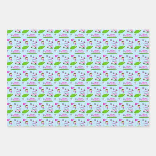 Cool Girl's Golfing Thema Verjaardagsfeest Inpakpapier Vel (Voorkant)