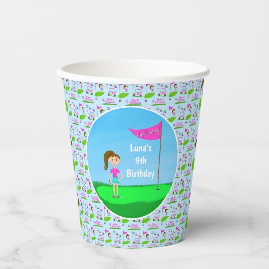 Cool Girl's Golfing Thema Verjaardagsfeest Papieren Bekers (Voorkant)