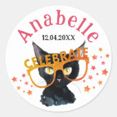 Cool Girly Black Cat Rood Sinaasappel Glitter Wate Ronde Sticker (Voorkant)