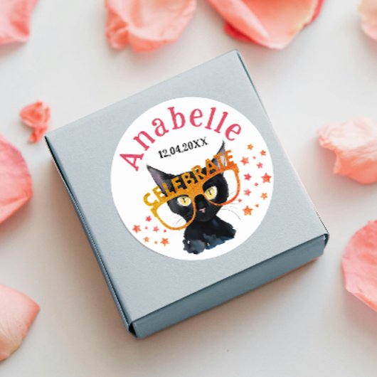 Cool Girly Black Cat Rood Sinaasappel Glitter Wate Ronde Sticker