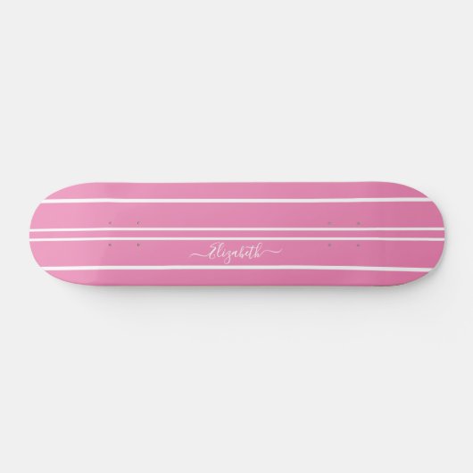 Cool Girly Pink White Racing Stripes Monogramed Persoonlijk Skateboard (Horizontaal)