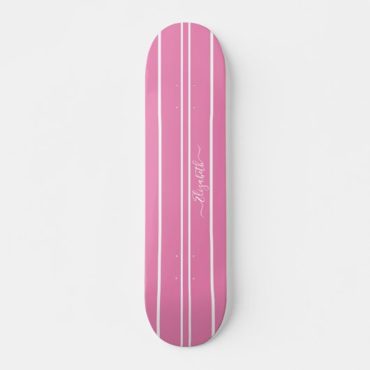 Cool Girly Pink White Racing Stripes Monogramed Persoonlijk Skateboard (Voorkant)