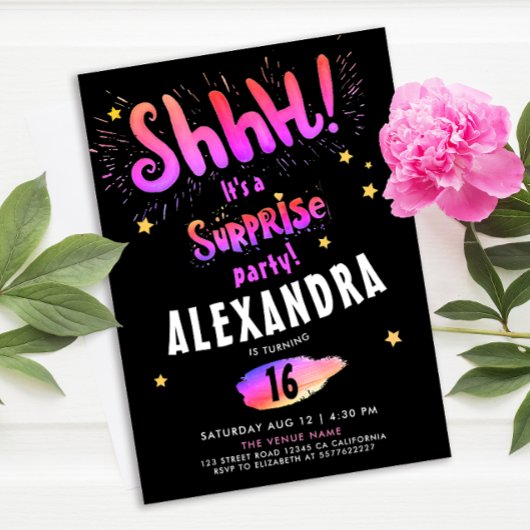 Cool Girly Surprise Party Sweet 16th Neon Glow Kaart