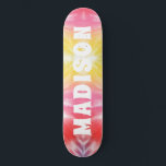 Cool Girly Tie Dye Aangepaste persoonlijke naam Persoonlijk Skateboard<br><div class="desc">Cool Girly Tie Dye Custom Personalized Name Skateboard is voorzien van uw gepersonaliseerde naam in een moderne witte typografie op een roze en gele achtergrond van de kleurstof. Personaliseer door de tekst in het verstrekte tekstvakje uit te geven. Geef een aangepast geschenk, een gepersonaliseerd skateboard aan je favoriete skateboarder voor...</div>
