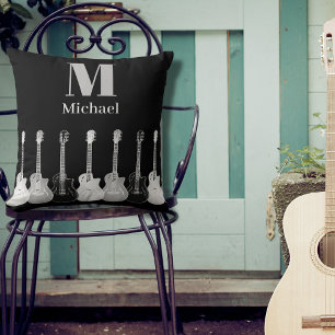 Cool Gitaar Patroon Zwart en Grijs Monogram Kussen