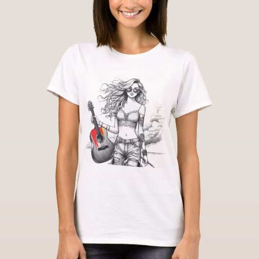 Cool Gitarist Meisje Art T-shirt (Voorkant)