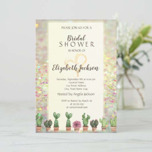 Cool Glitter Bokeh Cactus Vrijgezellenfeest Kaart (Staand voorkant)