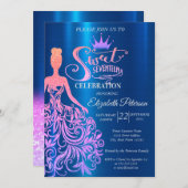 Cool Glitter Bokeh, Jurk, Tiara, Blauw Zoet 17 Kaart (Voorkant / Achterkant)