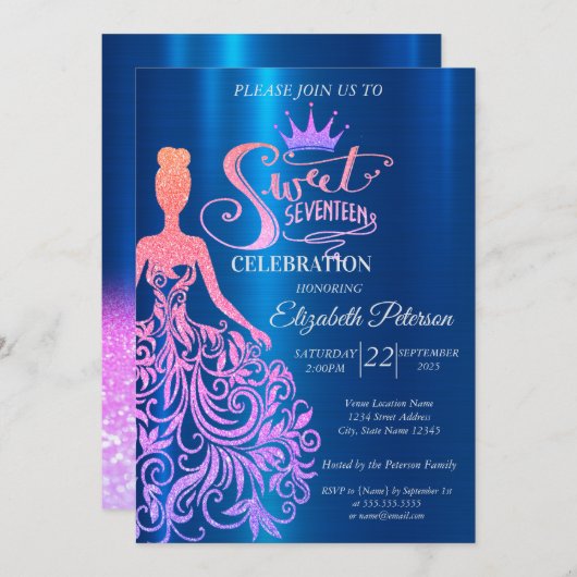 Cool Glitter Bokeh, Jurk, Tiara, Blauw Zoet 17 Kaart (Voorkant / Achterkant)