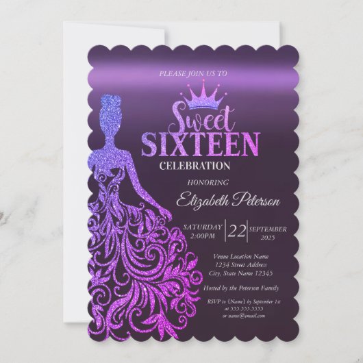 Cool Glitter Bokeh, Jurk, Tiara, Paarse Sweet 16 Kaart (Voorkant)