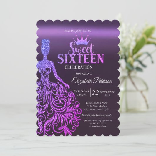Cool Glitter Bokeh, Jurk, Tiara, Paarse Sweet 16 Kaart (Staand voorkant)